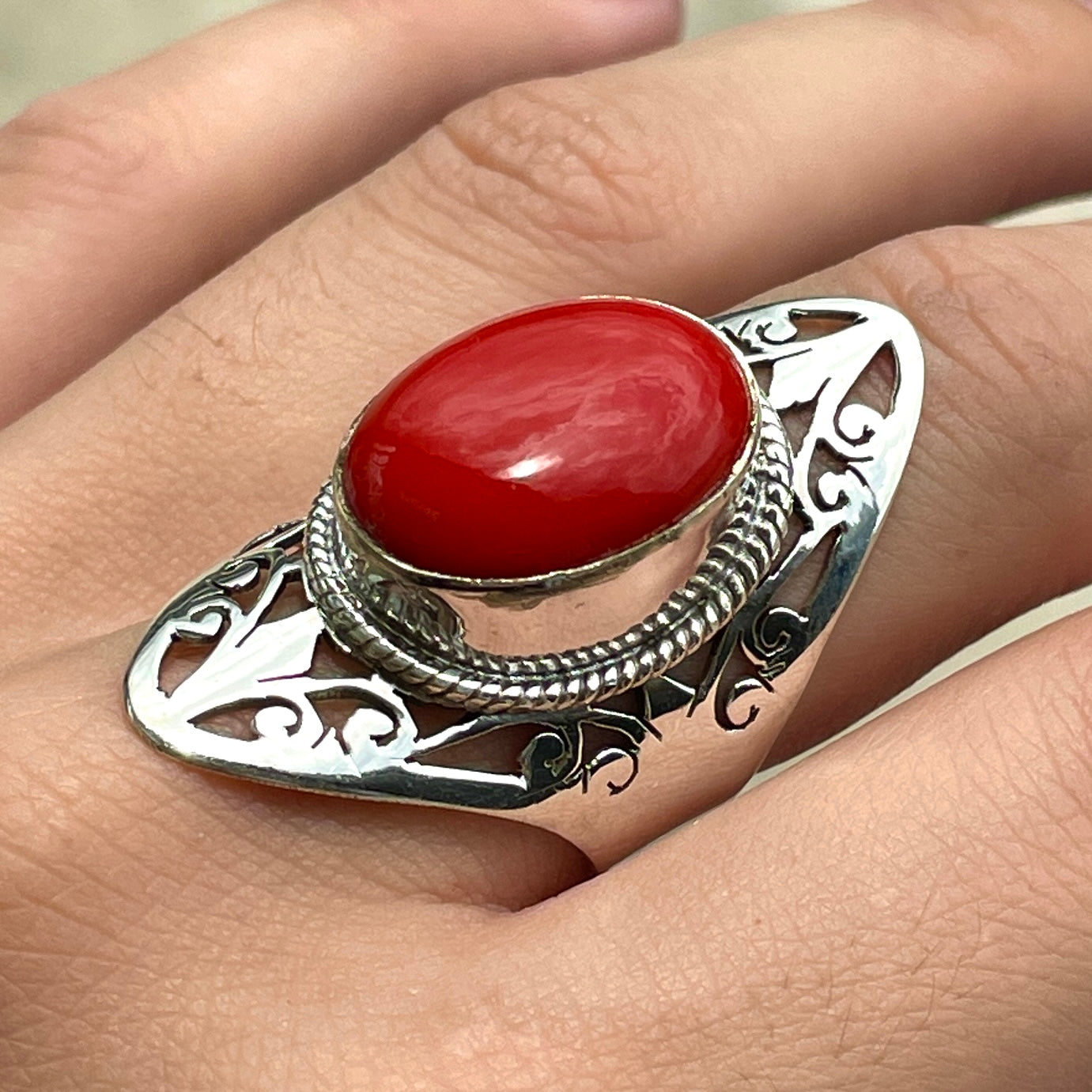 Red Coral Sterling Silver Ring - Sz8 RC3 Red Coral Sterling Silver Ring - Sz8 RC3